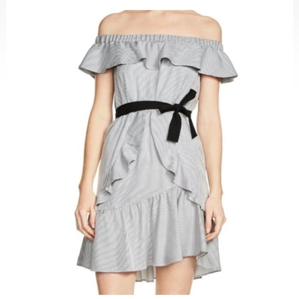 MAJE Off-Shoulder Striped Ruffle Dress with Black Belt accent size 3 (US Large) - Picture 3 of 10